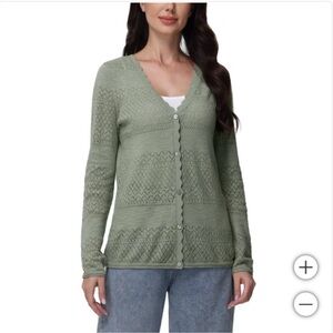Frye Pointelle Womens Medium Knit Cardigan V Neck Button Down Scallop Detail
